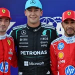 George Russell bersama Charles Leclerc dan Lewis Hamilton setelah kualifikasi F1 GP Austria 2026