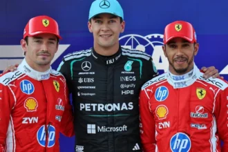 George Russell bersama Charles Leclerc dan Lewis Hamilton setelah kualifikasi F1 GP Austria 2026