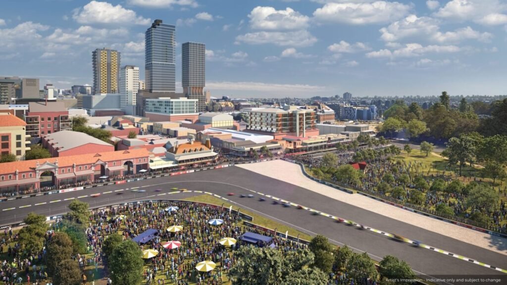 Render virtual Sirkuit Adelaide MotoGP 2027 di kawasan taman dan pusat kota.