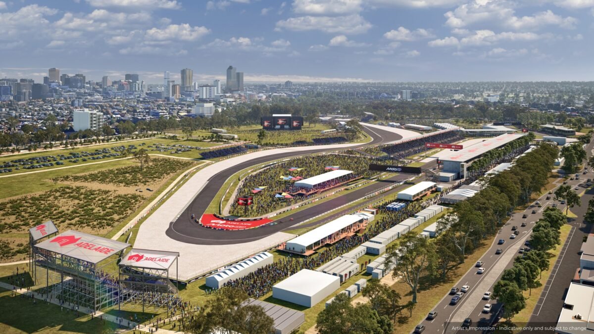 Tampilan udara Sirkuit Adelaide MotoGP 2027 dengan lintasan lurus, tikungan, dan area run-off.