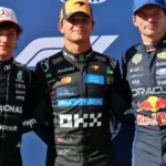 Lando Norris bersama Kimi Antonelli dan Max Verstappen setelah kualifikasi F1 GP Spanyol 2026 di Madring